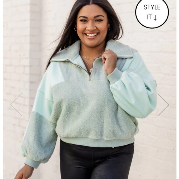Pink Lily IF YOU SEE HER MINT FUZZY QUARTER ZIP PULLOVER - Picture 1 of 12